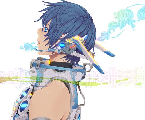 Anime picture 1700x1416 with vocaloid kaito (vocaloid) nayu short hair blue eyes simple background white background bare shoulders blue hair boy headphones microphone