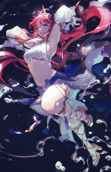 Anime picture 1100x1700 with genshin impact nilou (genshin impact) faithom single long hair tall image looking at viewer blue eyes light erotic smile full body bent knee (knees) red hair bare legs midriff high heels girl detached sleeves water