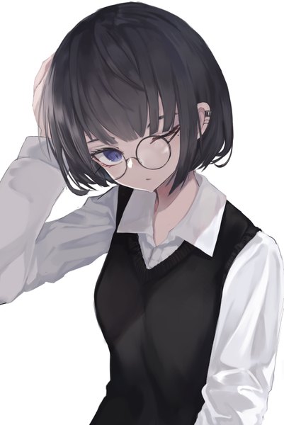 Anime picture 2754x4113 with original ogami ren single tall image looking at viewer fringe highres short hair black hair simple background white background purple eyes upper body one eye closed arm up wink mole mole under eye piercing ear piercing