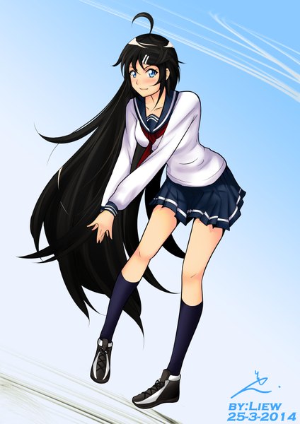 Anime picture 2480x3507 with original liewalan single tall image blush highres blue eyes black hair very long hair pleated skirt light smile leaning leaning forward gradient background girl skirt uniform hair ornament school uniform socks