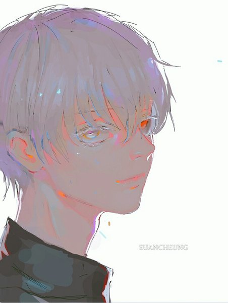 Anime picture 720x955 with tokyo ghoul studio pierrot kaneki ken suan single tall image looking at viewer fringe short hair simple background hair between eyes white background signed silver hair heterochromia portrait boy