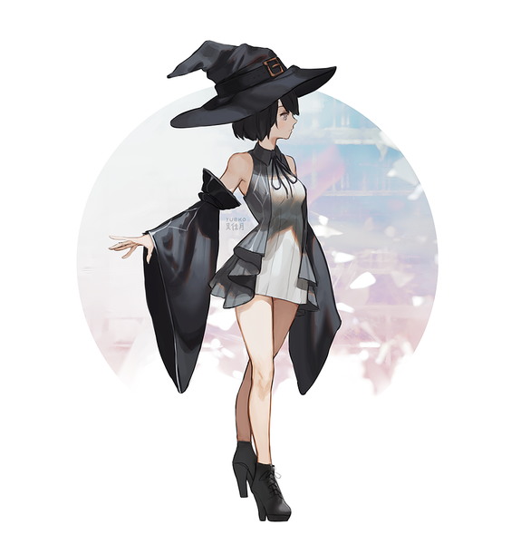 Anime picture 939x1000 with original yueko (jiayue wu) single tall image short hair black hair white background signed looking away full body profile bare legs grey eyes outstretched arm girl dress hat detached sleeves shoes short dress