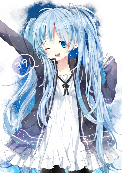 Anime picture 1000x1414 with vocaloid hatsune miku sss3 single long hair tall image open mouth blue eyes twintails blue hair one eye closed wink girl dress