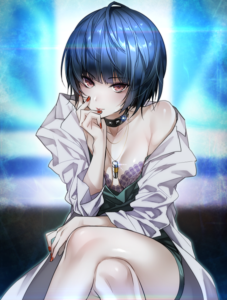 Anime picture 612x810 with persona 5 persona takemi tae akira (natsumemo) single tall image looking at viewer short hair light erotic red eyes sitting bare shoulders blue hair upper body ahoge bent knee (knees) nail polish crossed legs red nail polish girl