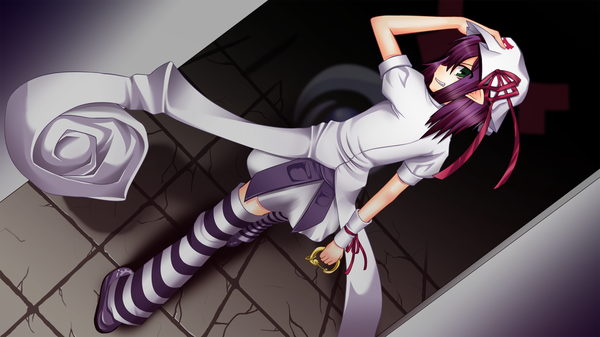 Anime picture 1680x945 with yumekui merry merry nightmare single short hair wide image green eyes purple hair looking back girl thighhighs hat striped thighhighs