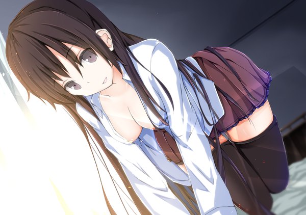 Anime picture 1447x1020 with original shirotaso0818 single long hair looking at viewer breasts open mouth light erotic brown hair brown eyes cleavage sunlight open clothes open shirt zettai ryouiki light on all fours girl thighhighs skirt