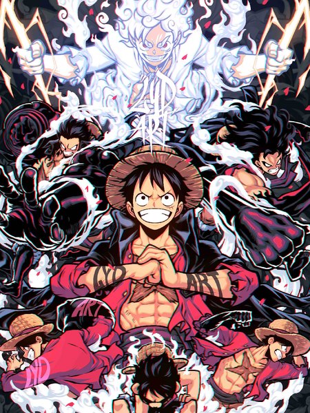 Anime picture 1040x1386 with one piece toei animation monkey d. luffy lydart mclo tall image fringe short hair black hair smile red eyes signed looking away white hair black eyes multiple boys teeth open shirt grin scar smoke