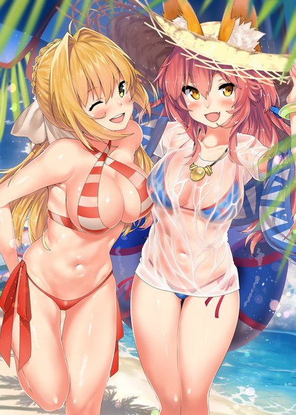 Anime picture 1296x1812 with fate (series) fate/grand order nero claudius (fate) tamamo (fate) (all) nero claudius (swimsuit caster) (fate) tamamo no mae (swimsuit lancer) (fate) kawai (purplrpouni) long hair tall image looking at viewer blush fringe breasts open mouth light erotic blonde hair smile large breasts multiple girls green eyes