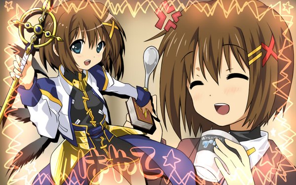 Anime picture 1920x1200 with k-on! mahou shoujo lyrical nanoha mahou shoujo lyrical nanoha strikers kyoto animation yagami hayate book of the azure sky schwertkreuz 467 (artist) looking at viewer fringe highres short hair open mouth blue eyes brown hair wide image holding eyes closed happy multiview