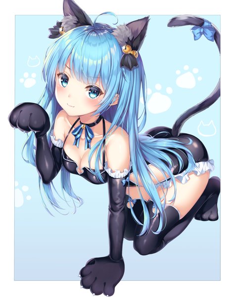 Anime picture 3668x4650 with king's raid lilia (king's raid) dangmyo single long hair tall image looking at viewer blush fringe highres breasts blue eyes light erotic simple background smile animal ears blue hair absurdres cleavage full body