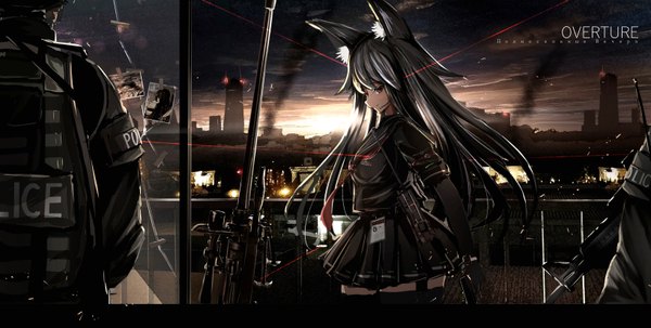 Anime picture 1635x826 with original haguruma (hagurumali) long hair looking at viewer fringe smile red eyes wide image standing animal ears cloud (clouds) outdoors profile pleated skirt looking back multicolored hair grey hair night mole two-tone hair