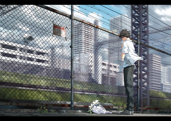 Anime picture 1754x1240 with original krnkuro single highres short hair black hair standing wind open clothes open shirt praying boy flower (flowers) plant (plants) shirt building (buildings) grass bouquet fence lily (flower)