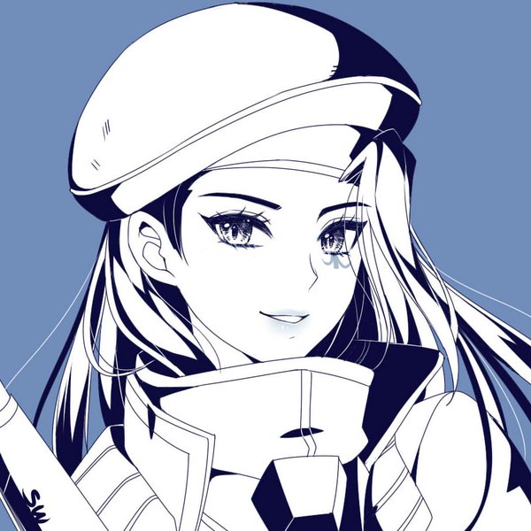 Anime-Bild 900x900 mit overwatch blizzard entertainment ana (overwatch) captain amari atobesakunolove single long hair looking at viewer simple background smile signed upper body parted lips lips tattoo lipstick facial mark monochrome portrait blue background