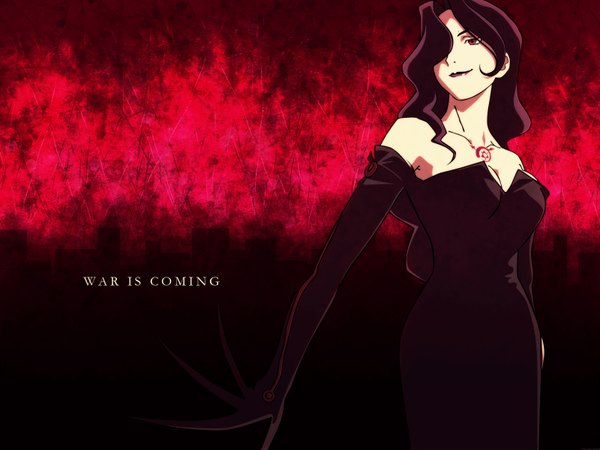 Anime picture 1600x1200 with fullmetal alchemist studio bones lust single long hair fringe breasts black hair smile red eyes looking away cleavage hair over one eye tattoo wallpaper text english girl dress gloves