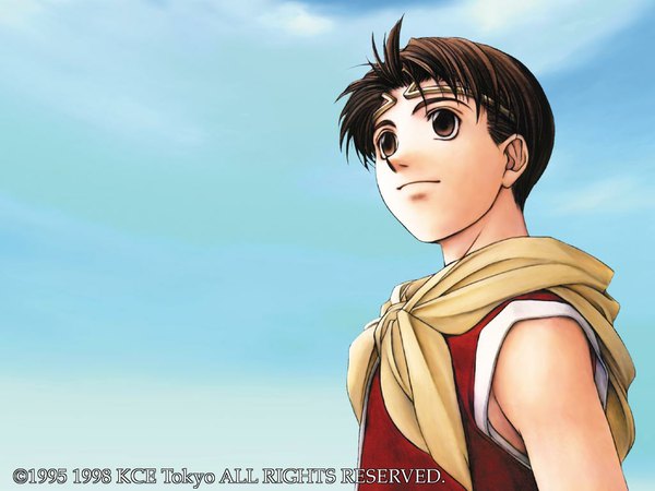 Anime picture 1024x768 with genso suikoden 2 riou short hair black hair brown eyes sky light smile boy vest circlet