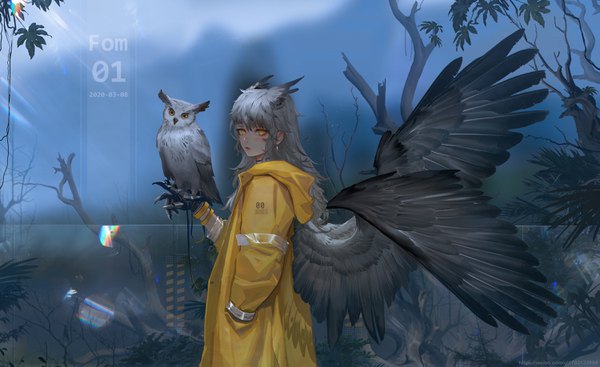Anime picture 3000x1836 with original fom (lifotai) single long hair looking at viewer blush fringe highres wide image standing signed animal ears yellow eyes payot outdoors arm up grey hair blurry realistic dated