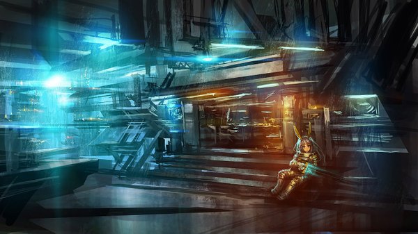 Anime picture 1400x787 with dead space lm7 (op-center) single long hair blue eyes wide image sitting silver hair bunny ears light girl suit