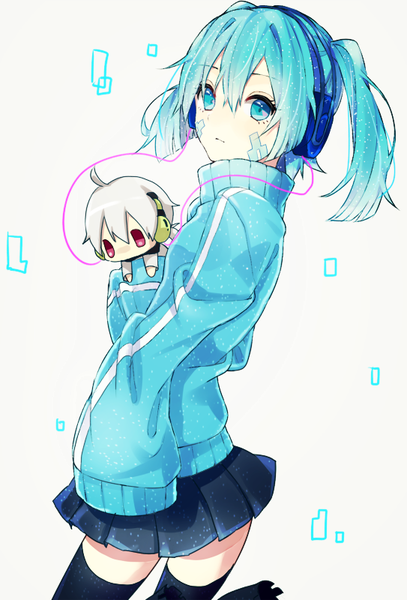 Anime picture 543x800 with kagerou project shaft (studio) ene (kagerou project) konoha (kagerou project) daluto (hitomi555) single tall image fringe short hair hair between eyes twintails long sleeves pleated skirt aqua eyes aqua hair grey background short twintails transparent background girl thighhighs