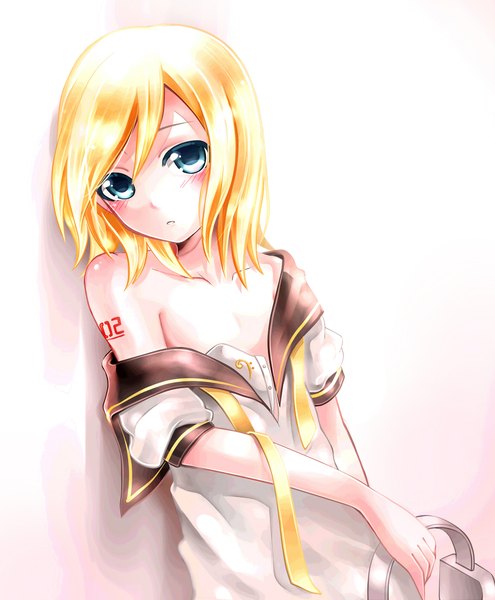 Anime picture 1900x2300 with vocaloid kagamine len single tall image looking at viewer blush highres short hair blue eyes light erotic simple background blonde hair white background bare shoulders open clothes boy ribbon (ribbons) headphones