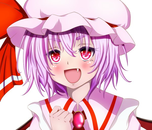 Anime picture 1400x1200 with touhou remilia scarlet misumo single blush short hair open mouth red eyes purple hair teeth fang (fangs) girl dress wings bonnet