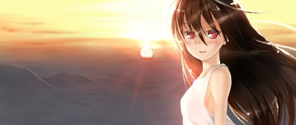Anime picture 1700x717 with original hikaru no yuska (artist) single long hair looking at viewer blush open mouth red eyes brown hair wide image bare shoulders light smile mountain morning sunrise girl dress sundress