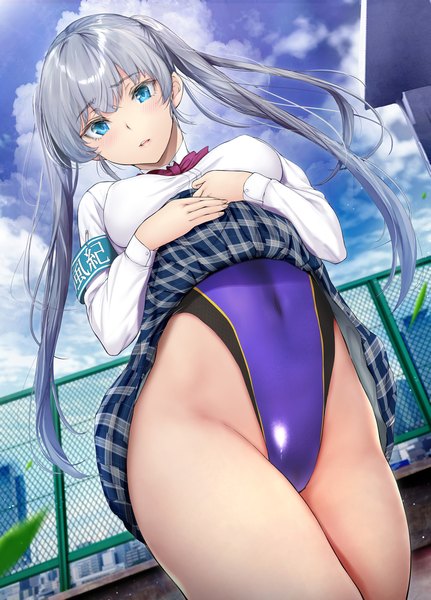Anime picture 1438x2000 with original gentsuki single long hair tall image looking at viewer fringe breasts open mouth blue eyes light erotic large breasts twintails sky silver hair cloud (clouds) outdoors long sleeves from below thighs