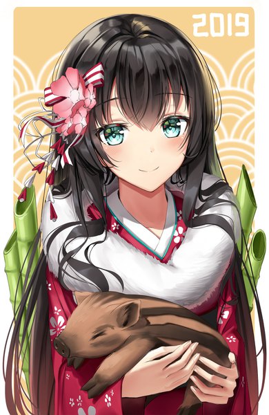 Anime picture 900x1384 with original superpig (wlstjqdla) single long hair tall image looking at viewer blush fringe black hair simple background hair between eyes standing holding traditional clothes japanese clothes aqua eyes wide sleeves fur trim floral print border