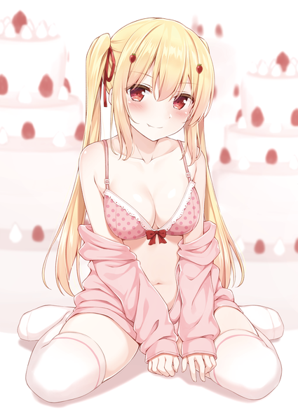 Anime picture 2508x3541 with original karutamo single long hair tall image looking at viewer blush fringe highres breasts light erotic blonde hair smile hair between eyes red eyes sitting twintails bare shoulders payot full body