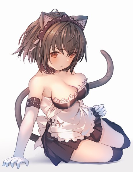 Anime picture 773x1000 with original rk (rktorinegi) single tall image looking at viewer blush fringe short hair breasts light erotic simple background brown hair large breasts white background sitting bare shoulders brown eyes animal ears tail animal tail