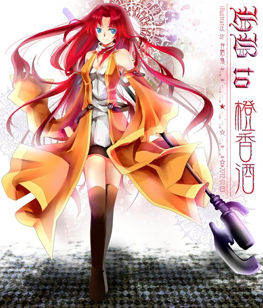 Anime picture 1000x1169 with eiyuu densetsu falcom (studio) randy orlando willfin single long hair tall image blue eyes bare shoulders red hair girl dress detached sleeves boots staff