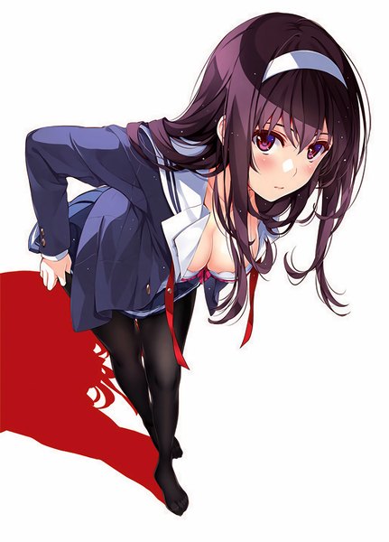 Anime picture 1508x2098 with saenai heroine no sodatekata a-1 pictures kasumigaoka utaha misaki kurehito single long hair tall image looking at viewer blush light erotic simple background brown hair white background purple eyes open clothes shadow leaning open shirt no shoes leaning forward