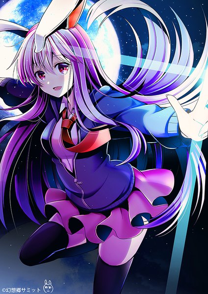 Anime picture 650x920 with touhou reisen udongein inaba yuuka nonoko single long hair tall image looking at viewer fringe open mouth smile hair between eyes standing purple eyes animal ears purple hair night bunny ears zettai ryouiki night sky floating hair