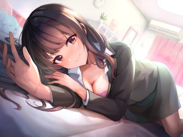 Anime picture 3087x2315 with original maeshimashi single long hair looking at viewer blush fringe highres breasts light erotic smile red eyes brown hair large breasts absurdres cleavage indoors lying blunt bangs long sleeves