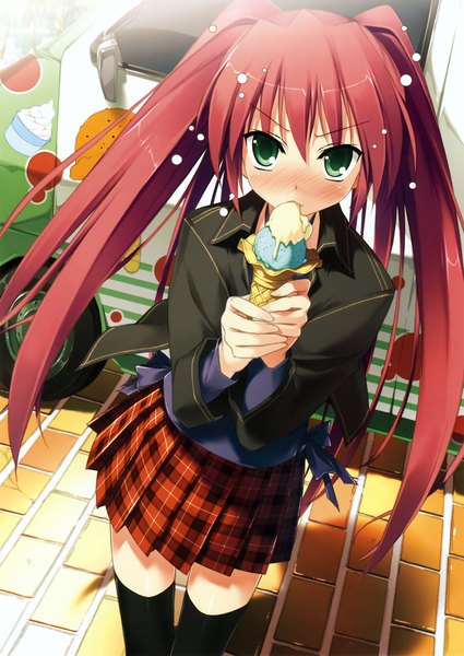 Anime picture 2613x3685 with stellar theater izumi sora long hair tall image blush highres twintails green eyes red hair eating girl thighhighs food sweets ice cream