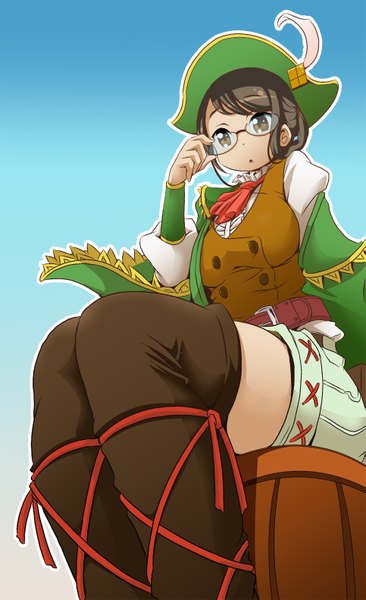 Anime picture 965x1581 with monster hunter receptionist (monster hunter) mana12 single tall image short hair black hair simple background brown eyes girl glasses boots belt headdress thigh boots clothes