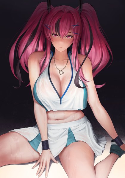 Anime picture 841x1200 with azur lane bremerton (azur lane) bremerton (scorching-hot training) (azur lane) nuker (nukerdraws) single long hair tall image looking at viewer fringe breasts light erotic simple background hair between eyes large breasts sitting twintails bare shoulders pink hair cleavage pink eyes