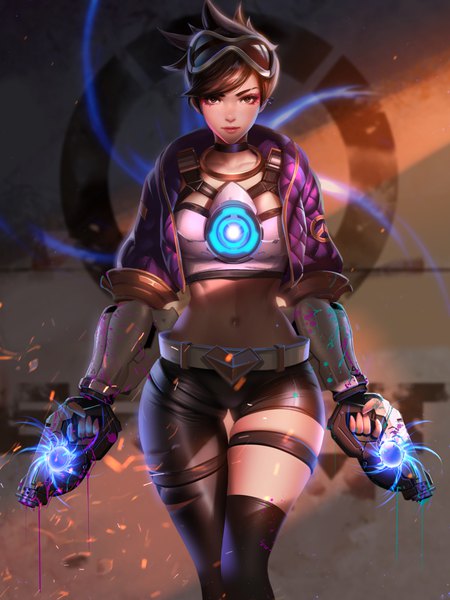 Anime picture 3000x4000 with league of legends overwatch blizzard entertainment k/da (league of legends) akali (league of legends) tracer (overwatch) k/da akali liang xing single tall image looking at viewer fringe highres short hair light erotic brown hair standing holding brown eyes sunlight