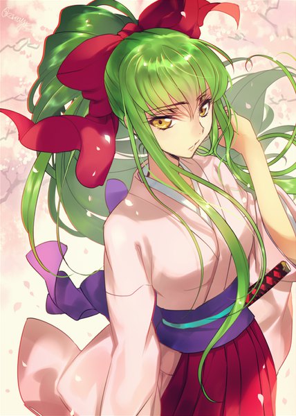 Anime-Bild 600x840 mit code geass sakura taisen sunrise (studio) c.c. creayus single long hair tall image looking at viewer fringe breasts smile hair between eyes standing signed yellow eyes payot ponytail traditional clothes parted lips