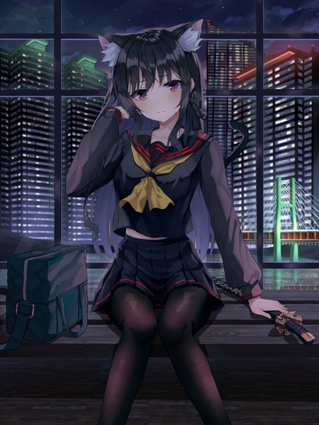 Anime picture 3000x4000 with original kerno single long hair tall image looking at viewer blush fringe highres black hair sitting brown eyes animal ears indoors tail braid (braids) long sleeves animal tail pleated skirt arm up