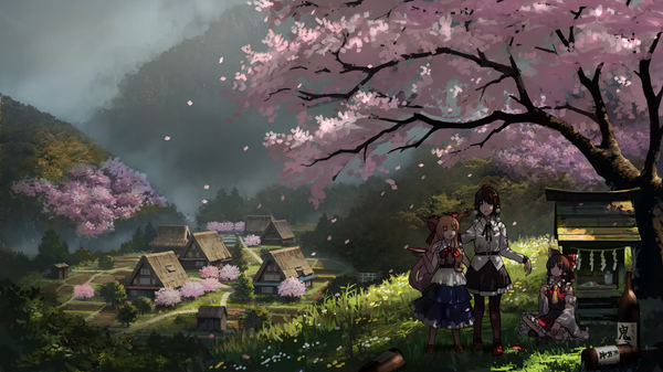 Anime picture 3200x1800 with touhou hakurei reimu shameimaru aya ibuki suika mikado (winters) long hair highres short hair open mouth blonde hair brown hair wide image standing sitting bare shoulders multiple girls holding looking away pink hair sky