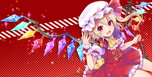 Anime picture 1800x922 with touhou flandre scarlet neme single looking at viewer fringe highres short hair open mouth blonde hair hair between eyes red eyes wide image :d sparkle one side up red background headphones around neck girl weapon