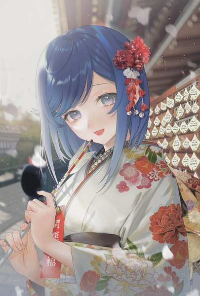 Anime picture 1181x1748 with precure delicious party precure toei animation fuwa kokone shioremon single tall image looking at viewer short hair open mouth blue eyes blue hair traditional clothes :d japanese clothes floral print new year girl hair ornament kimono