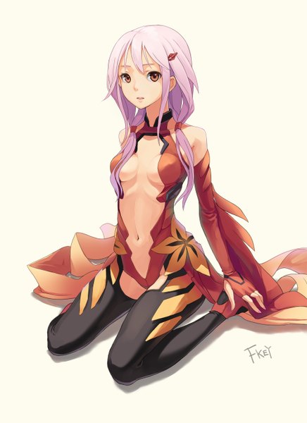 Anime picture 1000x1376 with guilty crown production i.g yuzuriha inori fkey single long hair tall image breasts light erotic simple background red eyes white background pink hair center opening girl thighhighs navel hair ornament black thighhighs detached sleeves