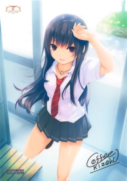 Anime picture 2392x3400 with coffee-kizoku long hair tall image looking at viewer highres black hair smile standing purple eyes signed bent knee (knees) short sleeves legs text standing on one leg hand on head girl skirt uniform school uniform