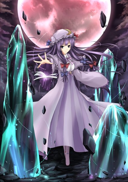 Anime picture 1414x2000 with touhou patchouli knowledge cloudy.r single long hair tall image purple eyes purple hair girl dress bow book (books) moon bonnet crystal