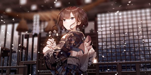 Anime picture 4320x2160 with original atha (leejuiping) single fringe highres short hair brown hair wide image standing purple eyes holding looking away absurdres traditional clothes japanese clothes blurry wide sleeves hair bun (hair buns) depth of field snowing