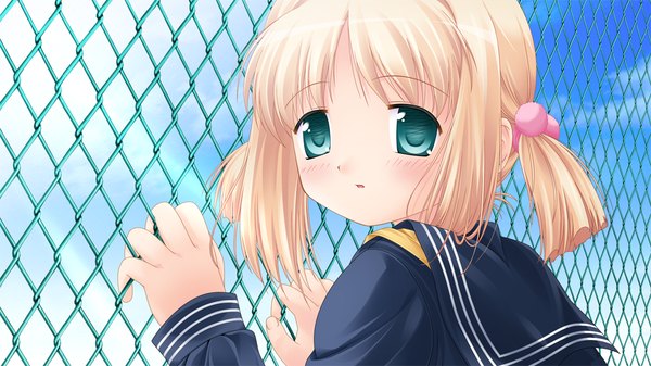 Anime picture 1024x576 with sanarara r nekoneko soft single blush short hair blue eyes blonde hair wide image twintails game cg short twintails girl serafuku fence