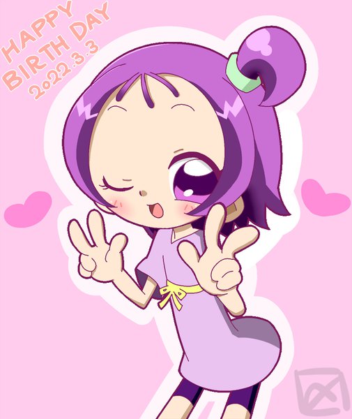 Anime picture 842x1000 with ojamajo doremi segawa onpu shimeru nawa single tall image looking at viewer blush short hair open mouth purple eyes purple hair one eye closed wink one side up dated victory pink background ;d happy birthday outline