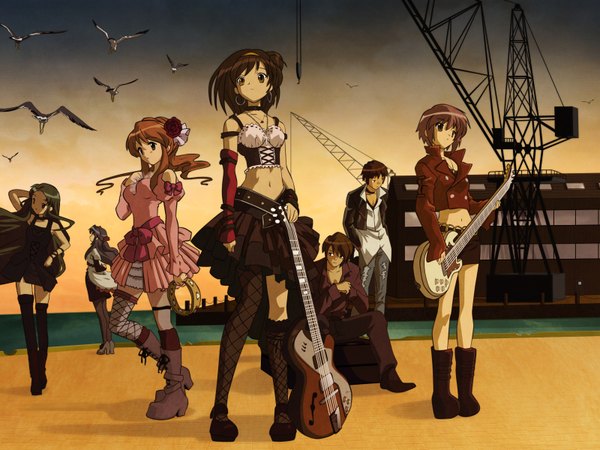 Anime picture 1600x1200 with suzumiya haruhi no yuutsu kyoto animation suzumiya haruhi nagato yuki asahina mikuru kyon koizumi itsuki tsuruya asakura ryouko multiple girls multiple boys music girl boy 2 boys 5 girls guitar