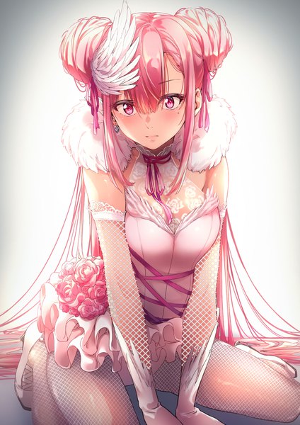Anime picture 1157x1637 with original redlammy single tall image looking at viewer blush fringe breasts hair between eyes white background sitting pink hair full body bent knee (knees) blunt bangs very long hair pink eyes mole arm support hair bun (hair buns)